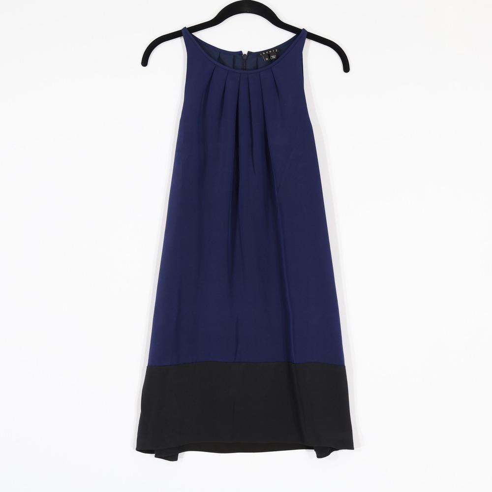 Theory Silk Blend Colorblock Shift Dress Womens 12 Blue Black Pleated Modern